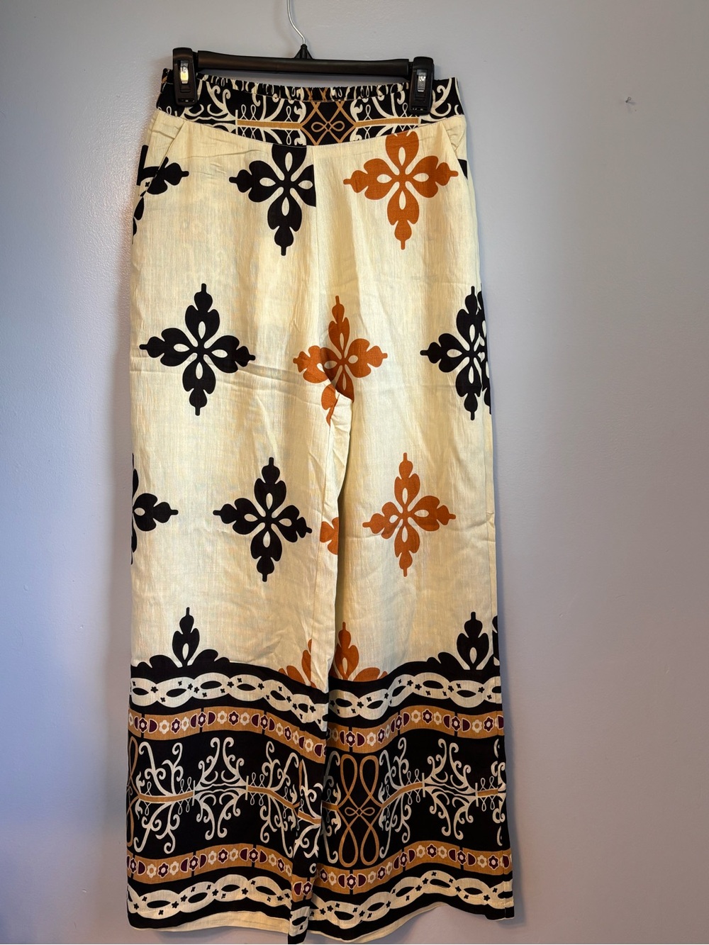 La Reyna Boho Geometric Print Wide Leg Pants Cream Orange Black Elastic Waist